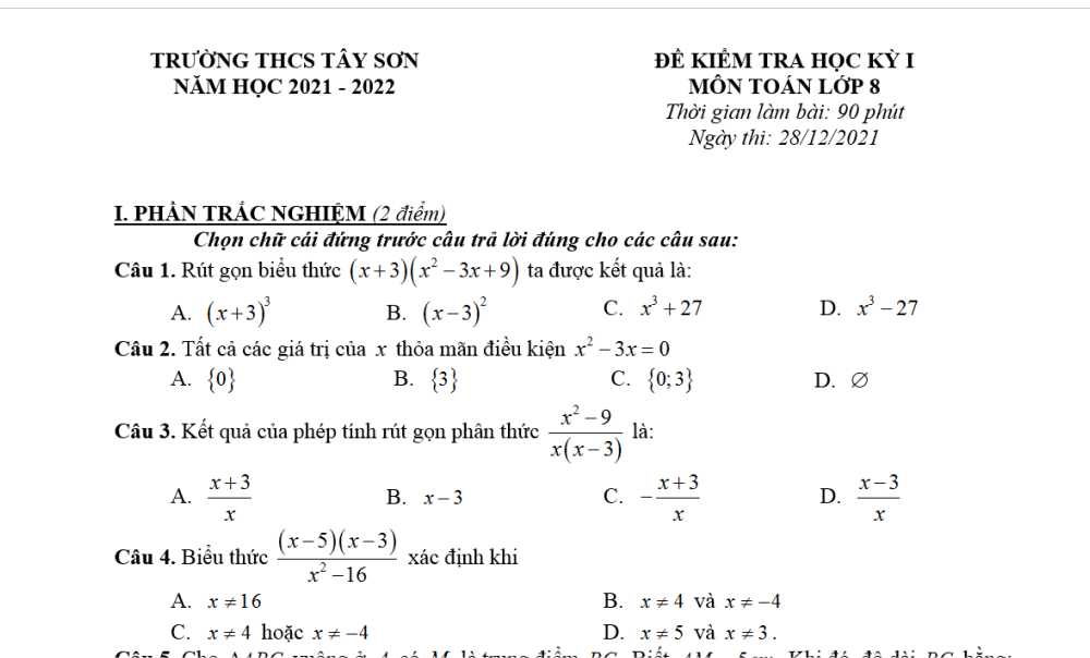 Toán 8-Đề kiểm tra cuối kỳ 1 Trường THCS Tây Sơn năm học 2021-2022